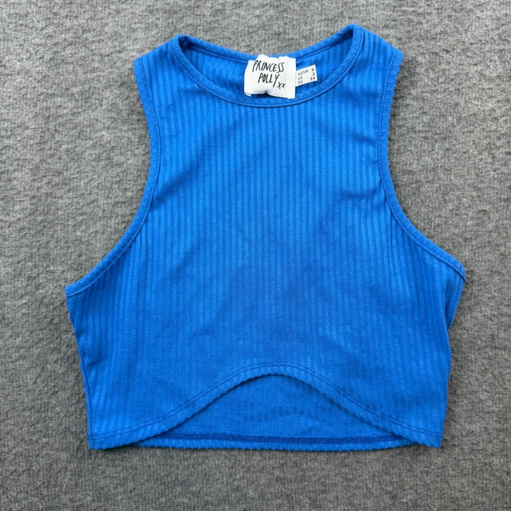 Princess Polly Crop Top Women's Size 2 Blue Ribbed Sleeveless Cutout Hem Tank